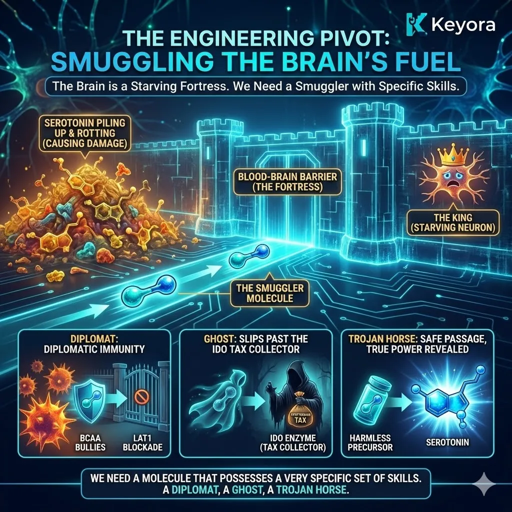 The Engineering Pivot identifies the necessity of a Molecular Smuggler—a "Trojan Horse" capable of bypassing the LAT1 blockade and the IDO tax collectors to fund the Ivory Tower. The Engineering Pivot identifies the necessity of a Molecular Smuggler—a "Trojan Horse" capable of bypassing the LAT1 blockade and the IDO tax collectors to fund the Ivory Tower.