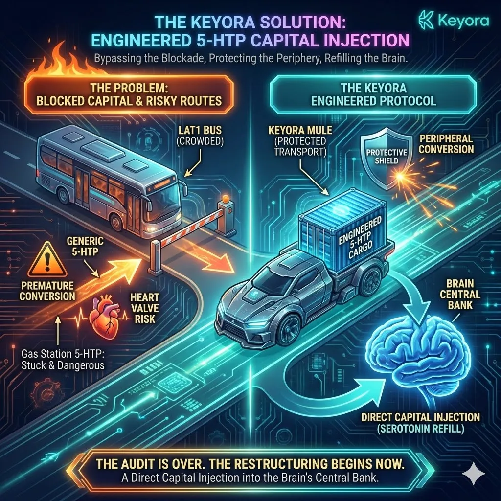 The Enter the Mule architecture introduces 5-Hydroxytryptophan (5-HTP) as the primary capital injection tool, engineered to bypass the LAT1 blockade and the peripheral "tax collectors." The Enter the Mule architecture introduces 5-Hydroxytryptophan (5-HTP) as the primary capital injection tool, engineered to bypass the LAT1 blockade and the peripheral "tax collectors."