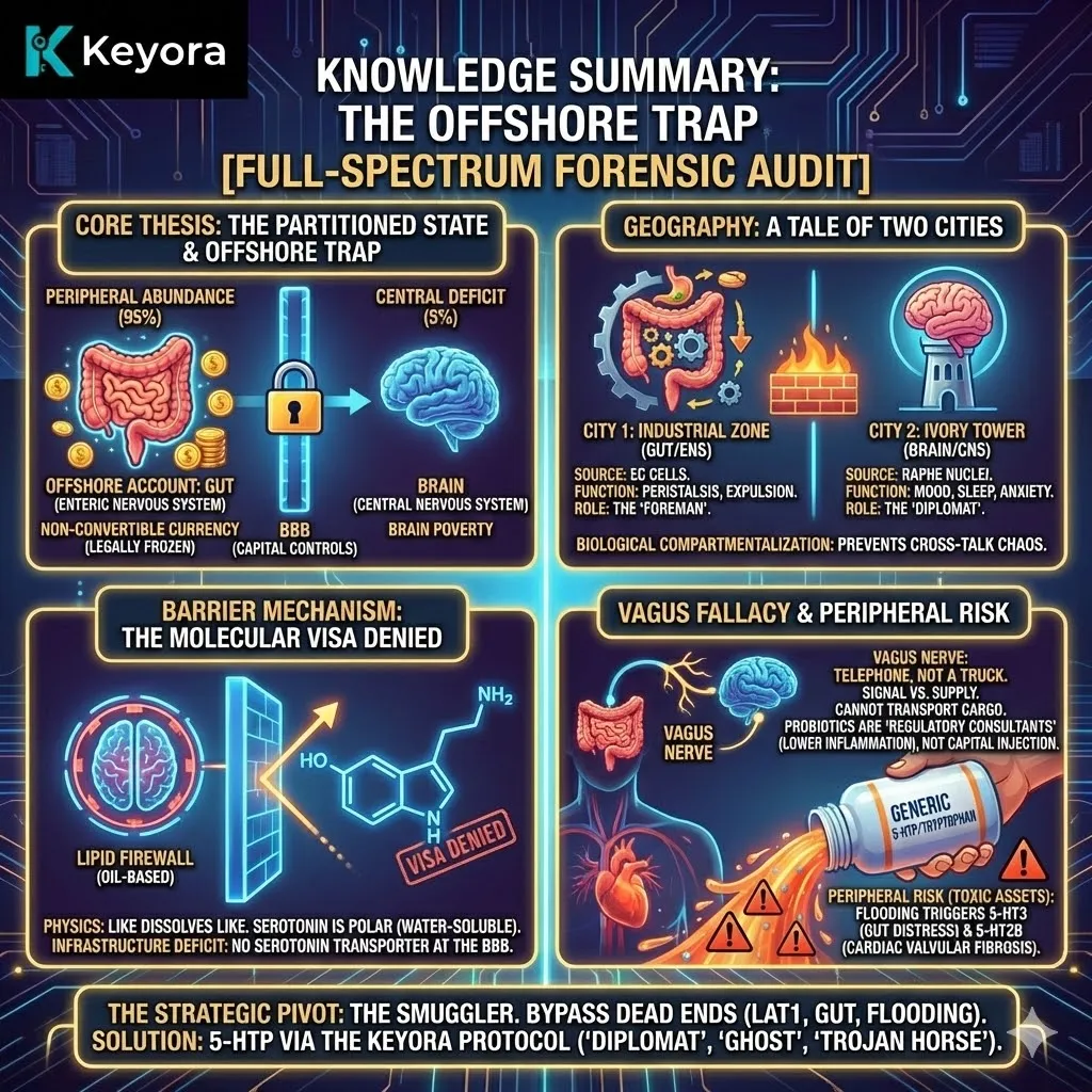 The Offshore Trap architecture defines the systemic capital controls where 95% of peripheral Serotonin remains frozen in the gut, unable to repatriate to the 5% central Four-Drive System despite Vagus signaling. The Offshore Trap architecture defines the systemic capital controls where 95% of peripheral Serotonin remains frozen in the gut, unable to repatriate to the 5% central Four-Drive System despite Vagus signaling.
