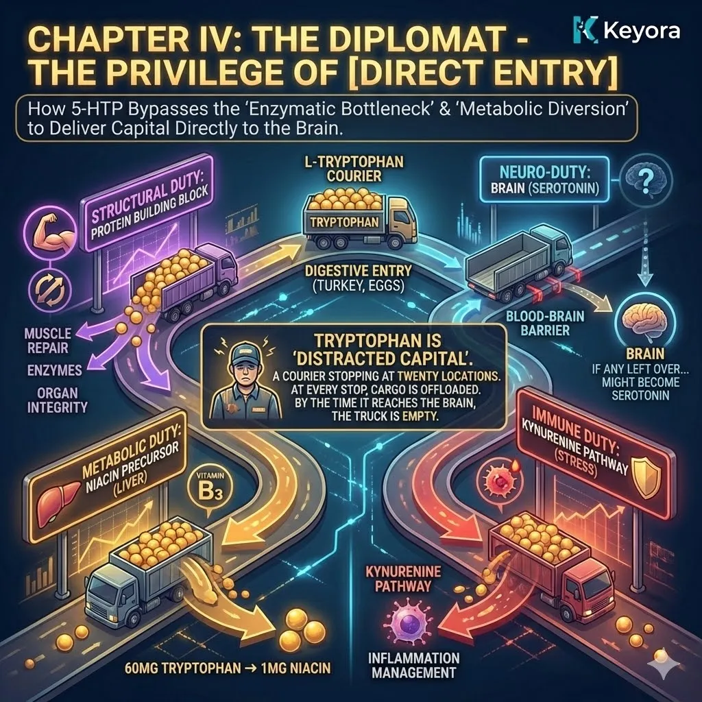 The Distracted Capital architecture identifies L-Tryptophan as a multi-tasking courier whose "Neuro-Duty" is constantly sabotaged by structural, metabolic, and immune obligations. The Distracted Capital architecture identifies L-Tryptophan as a multi-tasking courier whose "Neuro-Duty" is constantly sabotaged by structural, metabolic, and immune obligations.
