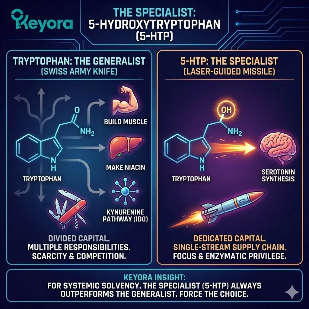 The Dedicated Capital architecture establishes 5-HTP as a Monolithic Specialist, stripped of structural and metabolic obligations to ensure a single-stream supply chain to the Ivory Tower. The Dedicated Capital architecture establishes 5-HTP as a Monolithic Specialist, stripped of structural and metabolic obligations to ensure a single-stream supply chain to the Ivory Tower.