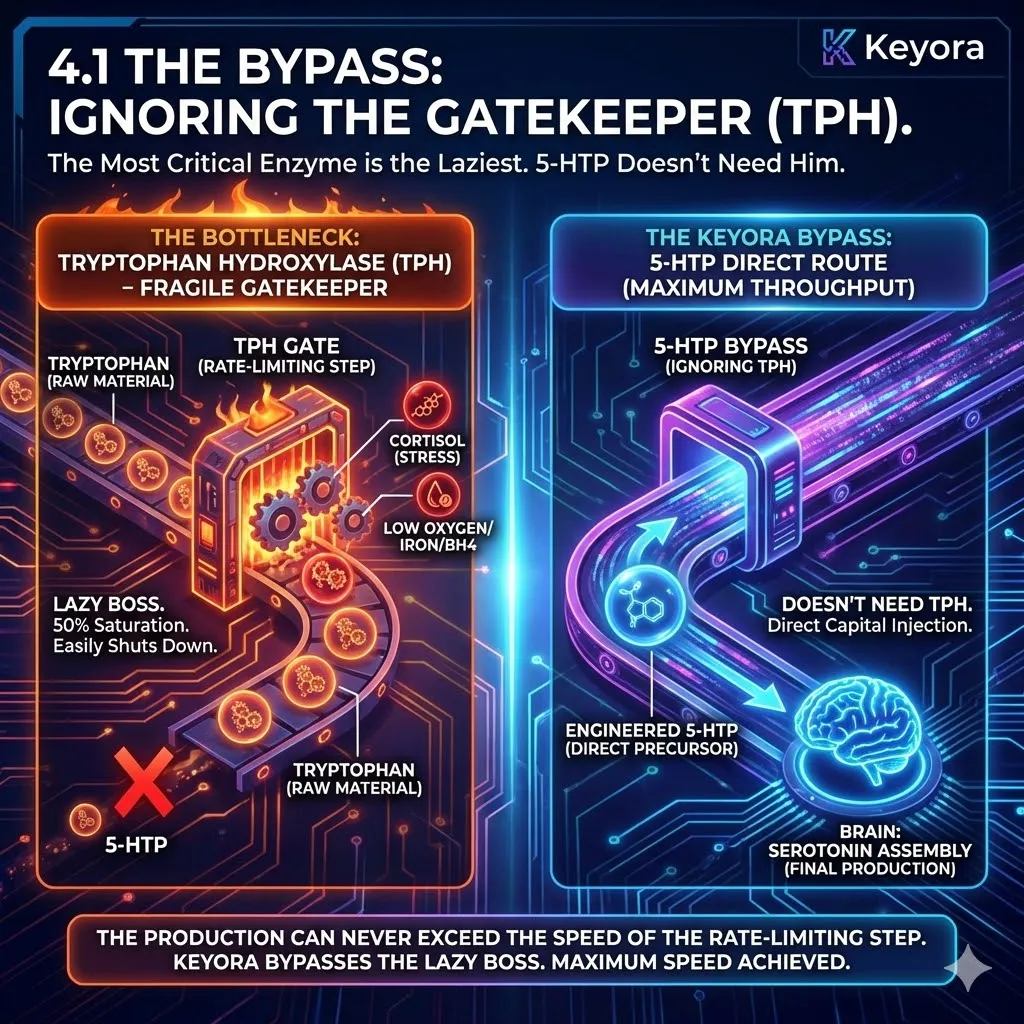 The Fragile Gatekeeper architecture identifies Tryptophan Hydroxylase (TPH) as the primary logistical bottleneck, where stress-induced inhibition creates a permanent production ceiling for the Ivory Tower. The Fragile Gatekeeper architecture identifies Tryptophan Hydroxylase (TPH) as the primary logistical bottleneck, where stress-induced inhibition creates a permanent production ceiling for the Ivory Tower.