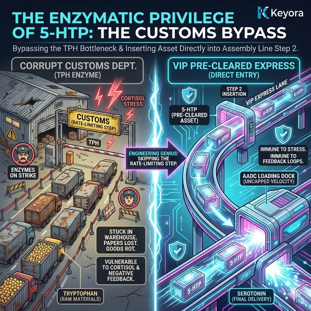 The Enzymatic Privilege architecture positions 5-HTP as "Pre-Cleared" cargo that bypasses the TPH customs bottleneck, enabling an uncapped velocity of Serotonin production within the Ivory Tower. The Enzymatic Privilege architecture positions 5-HTP as "Pre-Cleared" cargo that bypasses the TPH customs bottleneck, enabling an uncapped velocity of Serotonin production within the Ivory Tower.