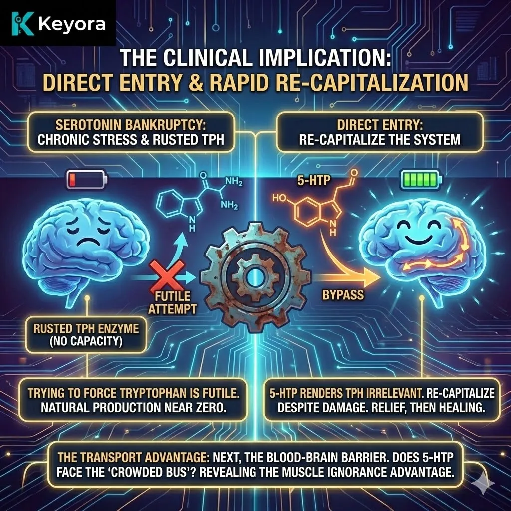 The Direct Entry architecture illustrates how 5-HTP restores liquidity to a "rusted" synthesis machine, providing immediate relief to the Ivory Tower while circumventing the structural damage of chronic stress. The Direct Entry architecture illustrates how 5-HTP restores liquidity to a "rusted" synthesis machine, providing immediate relief to the Ivory Tower while circumventing the structural damage of chronic stress.