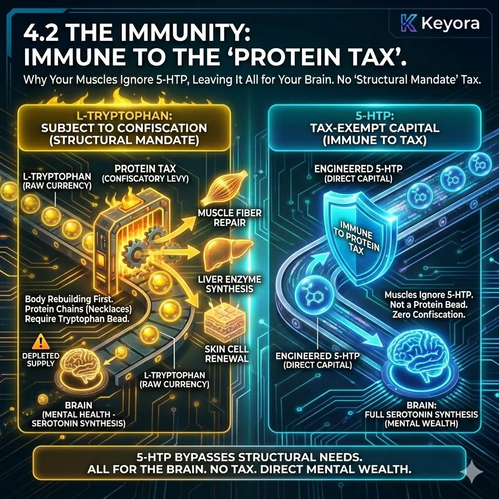 The Protein Tax architecture identifies L-Tryptophan as a "Standard Bead" in the genetic code, subjecting it to confiscatory diversion by the body's structural mandate for tissue repair. The Protein Tax architecture identifies L-Tryptophan as a "Standard Bead" in the genetic code, subjecting it to confiscatory diversion by the body's structural mandate for tissue repair.