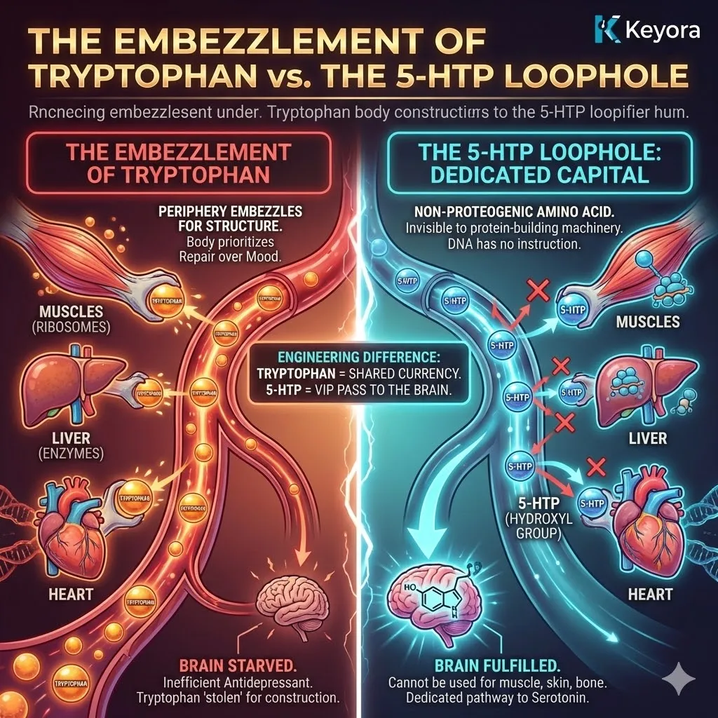 The Tryptophan Embezzlement architecture illustrates the "Structural Priority" of the somatic tissues, where protein factories conscript Tryptophan for physical repair, leaving the brain in a state of capital abandonment. The Tryptophan Embezzlement architecture illustrates the "Structural Priority" of the somatic tissues, where protein factories conscript Tryptophan for physical repair, leaving the brain in a state of capital abandonment.