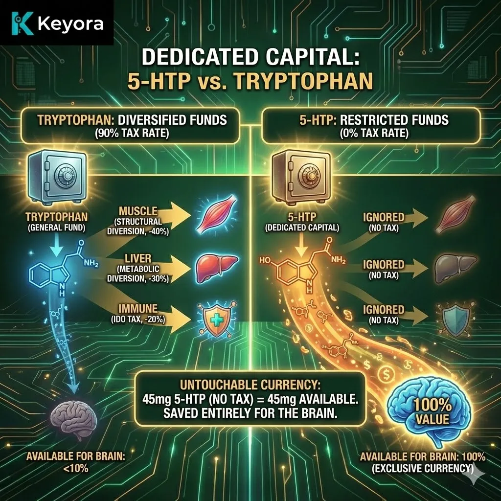 The Dedicated Capital architecture establishes 5-HTP as a restricted fund, possessing a 0% "tax rate" compared to the 90% structural diversion suffered by L-Tryptophan. The Dedicated Capital architecture establishes 5-HTP as a restricted fund, possessing a 0% "tax rate" compared to the 90% structural diversion suffered by L-Tryptophan.