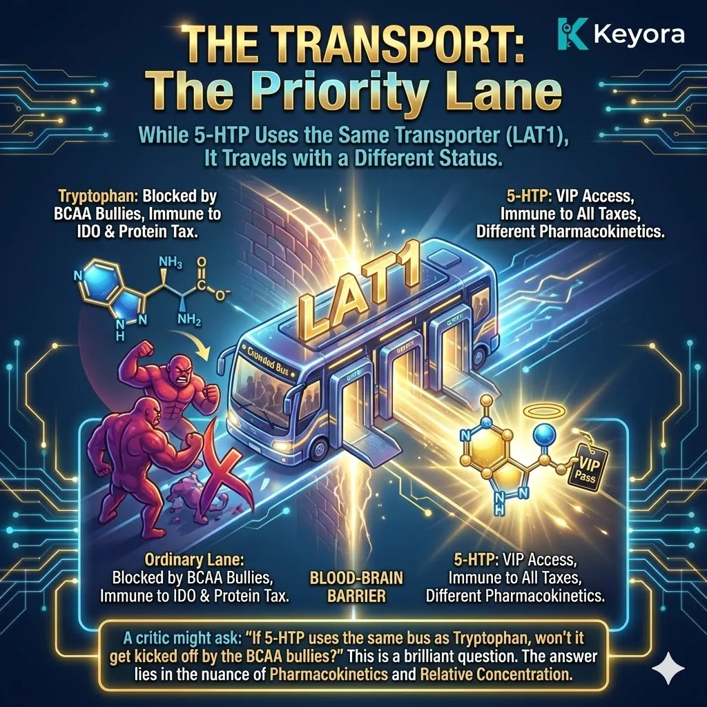 The Priority Lane architecture identifies 5-HTP as a high-concentration traveler utilizing the LAT1 transporter, leveraging pharmacokinetic dominance to bypass the "BCAA bullies" at the Blood-Brain Barrier. The Priority Lane architecture identifies 5-HTP as a high-concentration traveler utilizing the LAT1 transporter, leveraging pharmacokinetic dominance to bypass the "BCAA bullies" at the Blood-Brain Barrier.