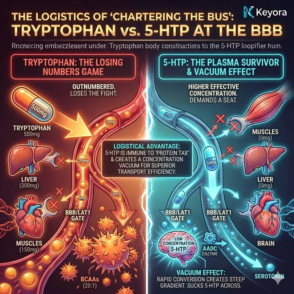The Logistics of "Chartering the Bus" architecture utilizes the Plasma Survivor Effect and the Vacuum Effect to ensure 5-HTP achieves pharmacokinetic dominance at the Blood-Brain Barrier. The Logistics of "Chartering the Bus" architecture utilizes the Plasma Survivor Effect and the Vacuum Effect to ensure 5-HTP achieves pharmacokinetic dominance at the Blood-Brain Barrier.