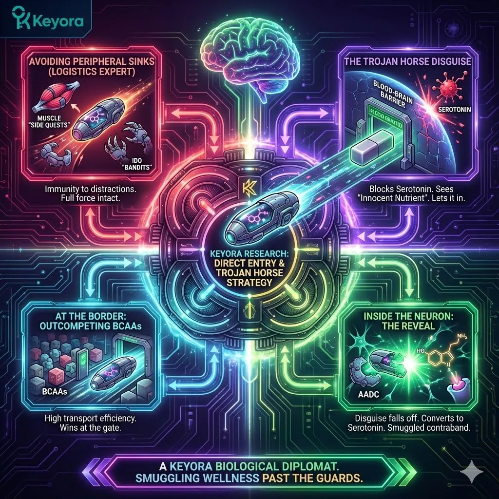The Trojan Horse architecture illustrates the "Diplomatic Immunity" of 5-HTP, which bypasses the Blood-Brain Barrier’s security protocols by disguising itself as a harmless nutrient before revealing its true identity. The Trojan Horse architecture illustrates the "Diplomatic Immunity" of 5-HTP, which bypasses the Blood-Brain Barrier’s security protocols by disguising itself as a harmless nutrient before revealing its true identity.