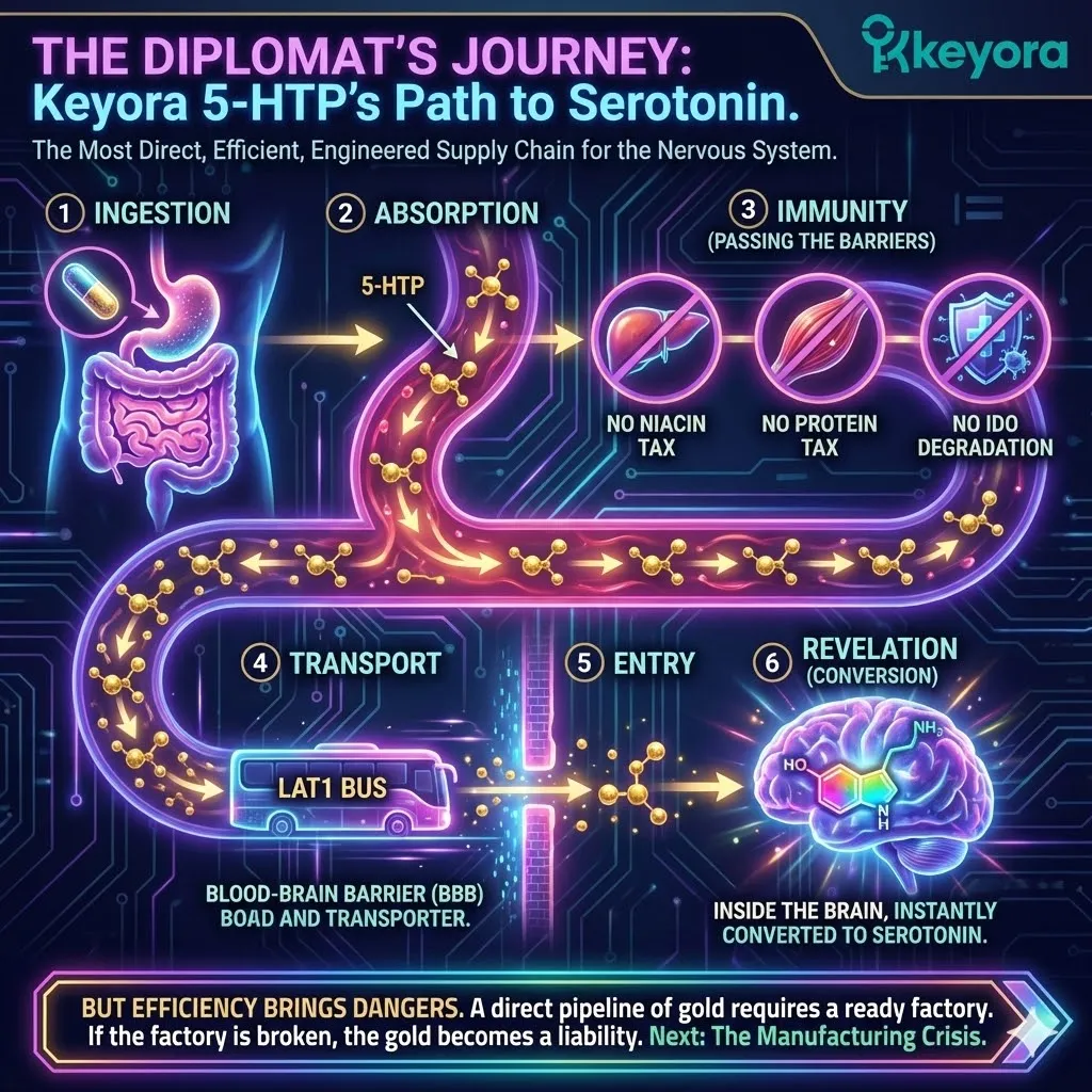 The Diplomat’s Journey architecture traces the "Zero-Tax" supply chain of 5-HTP, from ingestion to central revelation, stripping away every metabolic inefficiency inherent in the natural diet. The Diplomat’s Journey architecture traces the "Zero-Tax" supply chain of 5-HTP, from ingestion to central revelation, stripping away every metabolic inefficiency inherent in the natural diet.