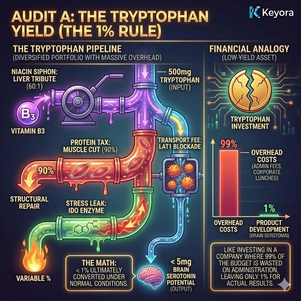 The Tryptophan Yield architecture reveals the "1% Rule," where 99% of dietary investment is liquidated by administrative siphons—Niacin conversion, the Protein Tax, and the IDO Shunt—before reaching the product development phase. The Tryptophan Yield architecture reveals the "1% Rule," where 99% of dietary investment is liquidated by administrative siphons—Niacin conversion, the Protein Tax, and the IDO Shunt—before reaching the product development phase.