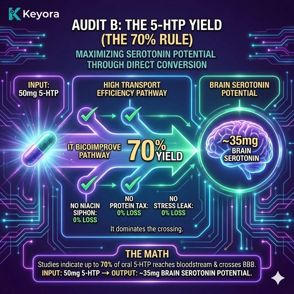 The 5-HTP Yield architecture establishes the "70% Rule," demonstrating how the elimination of metabolic siphons converts a modest dose into massive central liquidity for the Ivory Tower. The 5-HTP Yield architecture establishes the "70% Rule," demonstrating how the elimination of metabolic siphons converts a modest dose into massive central liquidity for the Ivory Tower.
