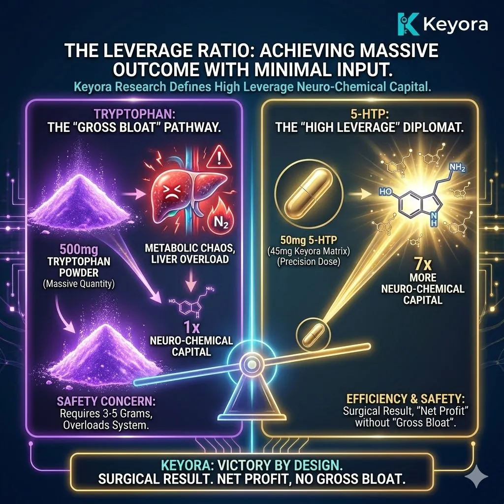 The Leverage Ratio architecture demonstrates the "Net Profit" of the Keyora Matrix, where a surgical 50mg dose of 5-HTP provides 7x the neuro-chemical capital of 500mg of Tryptophan without the "Gross Bloat." The Leverage Ratio architecture demonstrates the "Net Profit" of the Keyora Matrix, where a surgical 50mg dose of 5-HTP provides 7x the neuro-chemical capital of 500mg of Tryptophan without the "Gross Bloat."