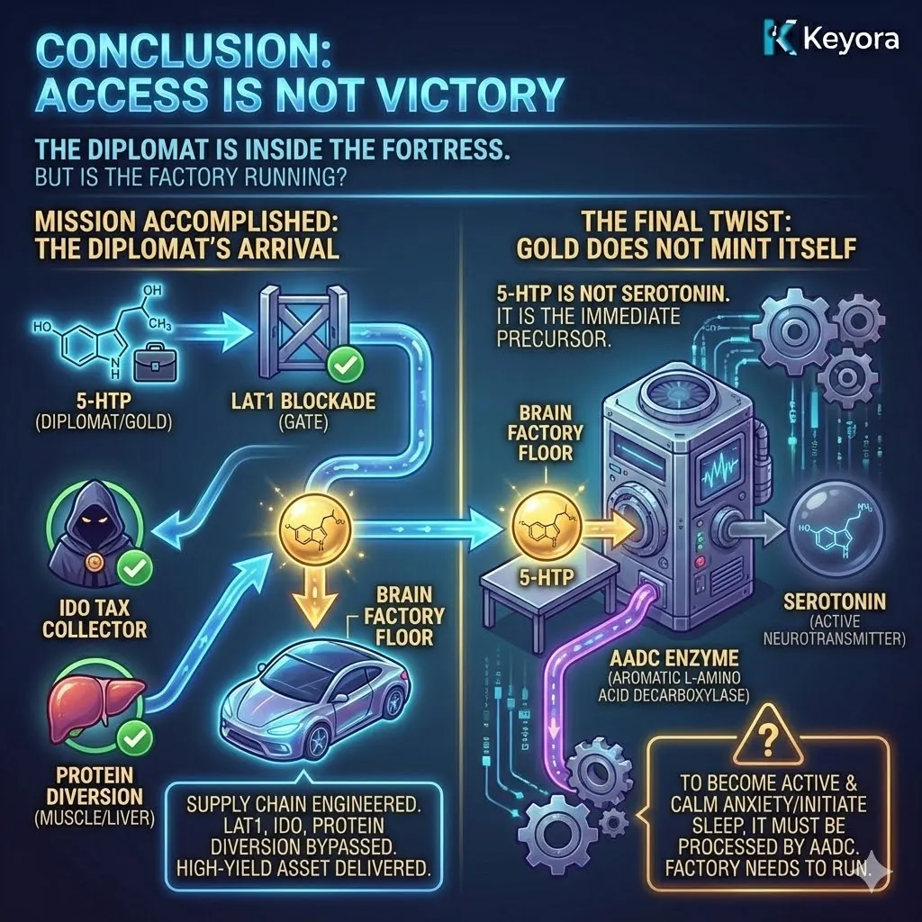 The Factory Floor architecture acknowledges that while the "Mule" has successfully breached the perimeter, the final transformation into Serotonin depends entirely on the operational status of the AADC enzyme. The Factory Floor architecture acknowledges that while the "Mule" has successfully breached the perimeter, the final transformation into Serotonin depends entirely on the operational status of the AADC enzyme.