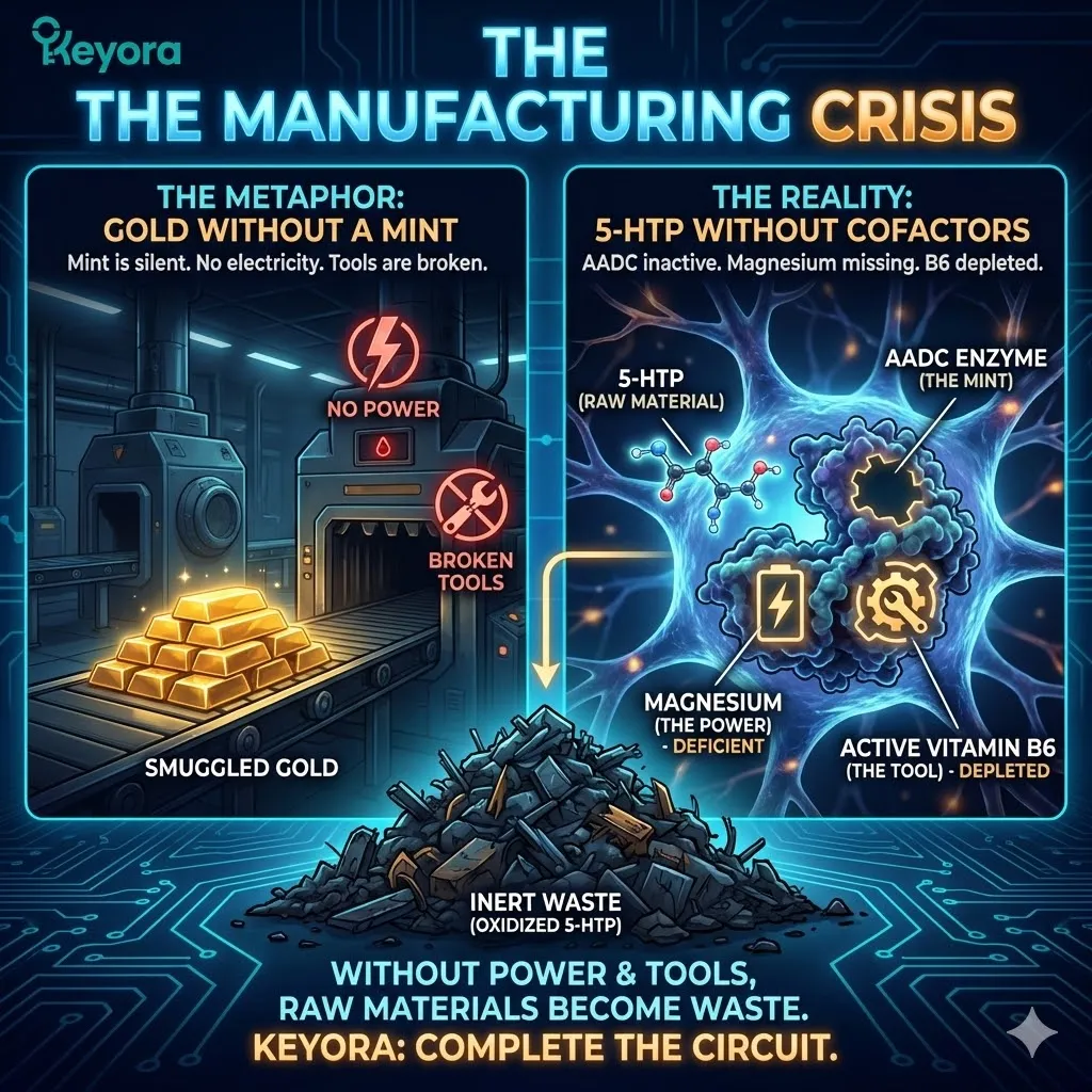 The Manufacturing Crisis architecture identifies the "Inert Capital" risk, where the successful delivery of 5-HTP fails to convert into Serotonin due to a deficiency in the enzymatic "Power" (Magnesium) and "Tools" (Active B6). The Manufacturing Crisis architecture identifies the "Inert Capital" risk, where the successful delivery of 5-HTP fails to convert into Serotonin due to a deficiency in the enzymatic "Power" (Magnesium) and "Tools" (Active B6).