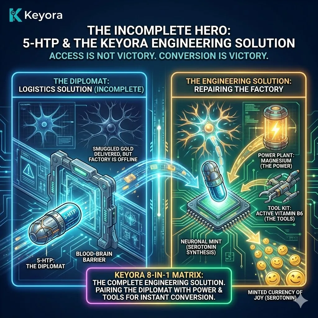 The Incomplete Hero architecture identifies the transition from a logistical "Smuggler" strategy to an "Industrial Engineering" mandate, where 5-HTP requires a co-integrated power plant and tool kit to achieve final conversion. The Incomplete Hero architecture identifies the transition from a logistical "Smuggler" strategy to an "Industrial Engineering" mandate, where 5-HTP requires a co-integrated power plant and tool kit to achieve final conversion.