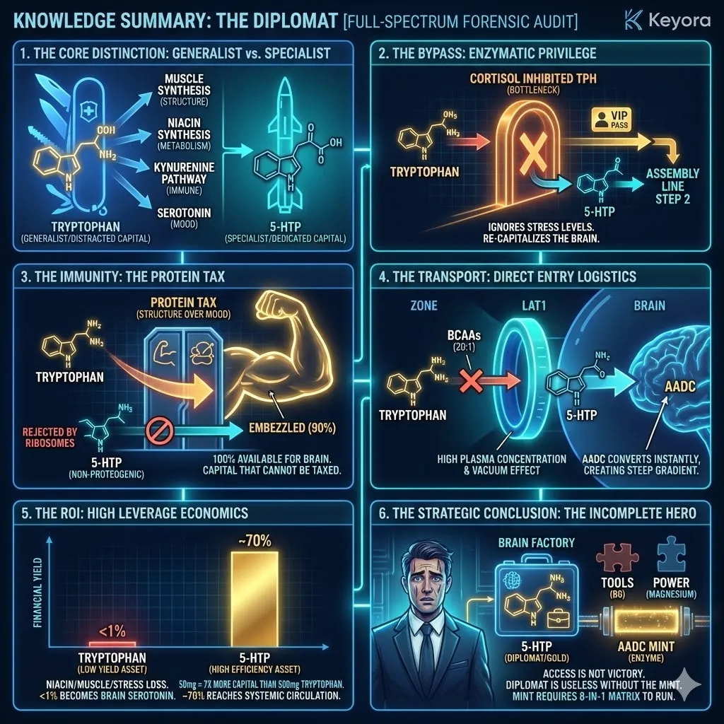 The Diplomat architecture establishes the transition from "Distracted Capital" (Tryptophan) to "Dedicated Capital" (5-HTP), leveraging enzymatic privilege and genetic immunity to secure a 70% yield for the Ivory Tower. The Diplomat architecture establishes the transition from "Distracted Capital" (Tryptophan) to "Dedicated Capital" (5-HTP), leveraging enzymatic privilege and genetic immunity to secure a 70% yield for the Ivory Tower.