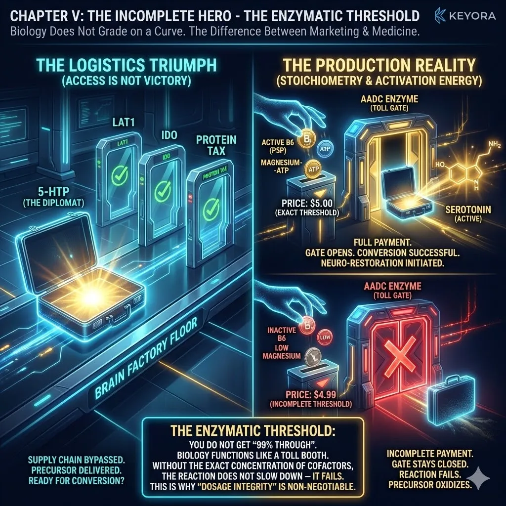 The Enzymatic Threshold architecture establishes that neuro-restoration is binary rather than linear; without meeting the stoichiometric requirements for conversion, 5-HTP remains "Inert Capital." The Enzymatic Threshold architecture establishes that neuro-restoration is binary rather than linear; without meeting the stoichiometric requirements for conversion, 5-HTP remains "Inert Capital."