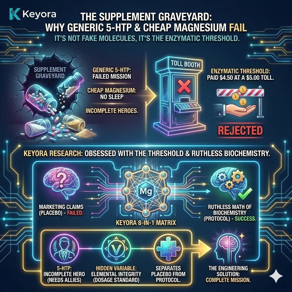 The Enzymatic Threshold architecture explains the "Supplement Graveyard" phenomenon, where insufficient cofactor concentrations fail to trigger the binary switch of Serotonin synthesis. The Enzymatic Threshold architecture explains the "Supplement Graveyard" phenomenon, where insufficient cofactor concentrations fail to trigger the binary switch of Serotonin synthesis.