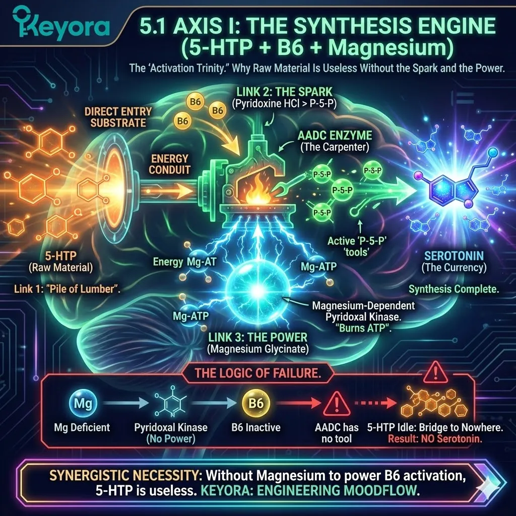 The Activation Trinity architecture identifies the Magnesium-ATP bond as the primary "Power Source," without which B6 remains an inactive tool and 5-HTP remains idle cargo. The Activation Trinity architecture identifies the Magnesium-ATP bond as the primary "Power Source," without which B6 remains an inactive tool and 5-HTP remains idle cargo.