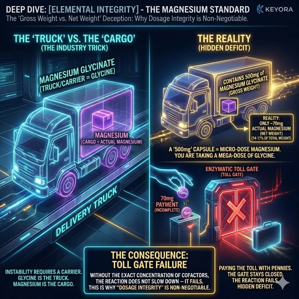 The Elemental Integrity architecture exposes the "Truck vs. Cargo" deception, distinguishing between the gross weight of the Magnesium Glycinate carrier and the net yield of the mineral asset. The Elemental Integrity architecture exposes the "Truck vs. Cargo" deception, distinguishing between the gross weight of the Magnesium Glycinate carrier and the net yield of the mineral asset.