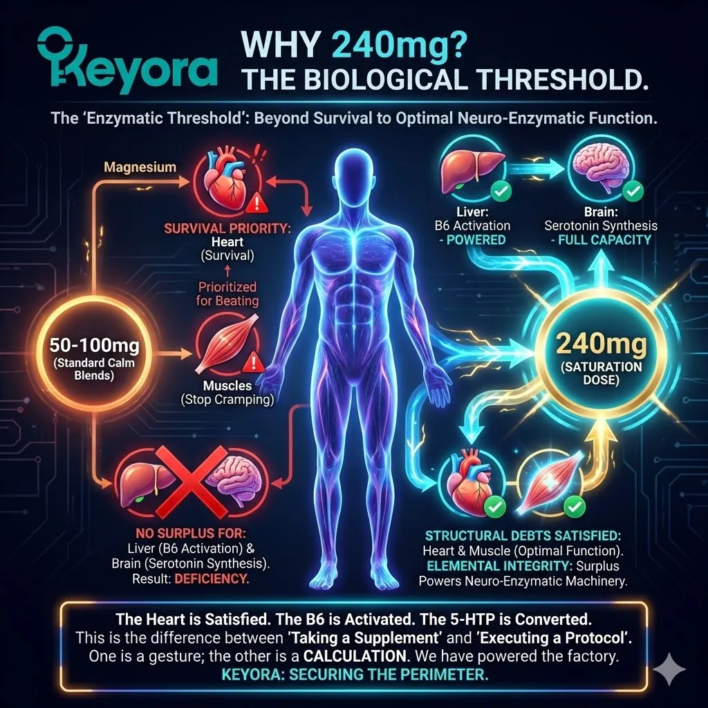 The Saturation Dose architecture identifies 240mg as the "Biological Surplus" threshold, ensuring structural debts to the heart and muscles are paid while leaving a surplus to power the neuro-enzymatic machinery. The Saturation Dose architecture identifies 240mg as the "Biological Surplus" threshold, ensuring structural debts to the heart and muscles are paid while leaving a surplus to power the neuro-enzymatic machinery.