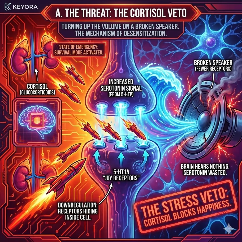 The Receptor Desensitization architecture illustrates the "Stress Veto," where chronic Cortisol bombardment physically removes 5-HT1A "Joy Receptors" from the neuronal surface, rendering the Serotonin signal inaudible. The Receptor Desensitization architecture illustrates the "Stress Veto," where chronic Cortisol bombardment physically removes 5-HT1A "Joy Receptors" from the neuronal surface, rendering the Serotonin signal inaudible.