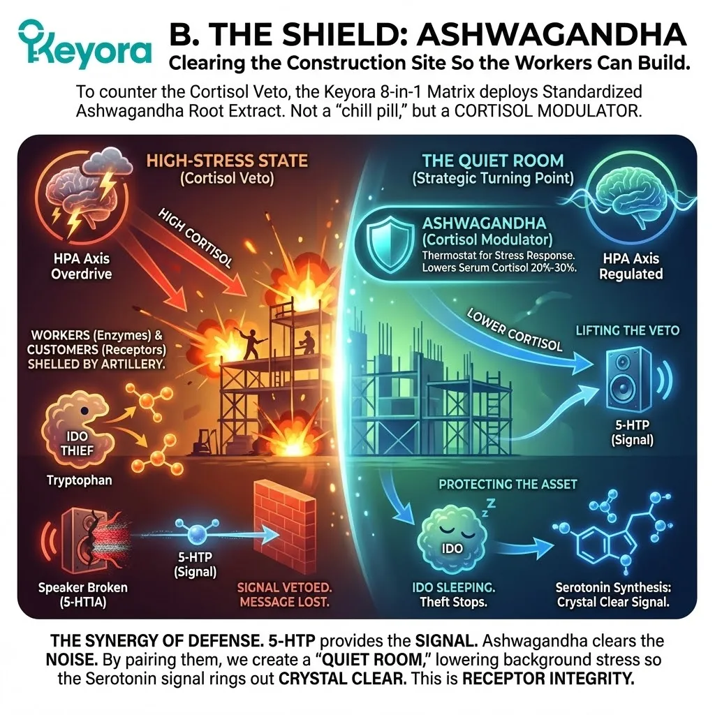 The Cortisol Modulation architecture positions Ashwagandha as a "Tactical Interceptor" that lowers the background noise of the HPA-axis, allowing the 5-HT1A "Joy Receptors" to re-emerge and restore signal clarity. The Cortisol Modulation architecture positions Ashwagandha as a "Tactical Interceptor" that lowers the background noise of the HPA-axis, allowing the 5-HT1A "Joy Receptors" to re-emerge and restore signal clarity.