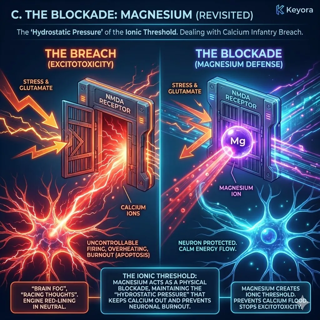 The Excitotoxicity architecture deconstructs the "Tired but Wired" state, where a Calcium flood through unregulated NMDA receptors causes neurons to "red-line" and eventually undergo apoptosis. The Excitotoxicity architecture deconstructs the "Tired but Wired" state, where a Calcium flood through unregulated NMDA receptors causes neurons to "red-line" and eventually undergo apoptosis.