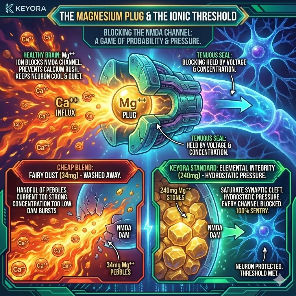 The Ionic Threshold architecture identifies Magnesium as a physical "plug" within the NMDA receptor, requiring high elemental concentration to maintain a hydrostatic blockade against Calcium-induced excitotoxicity. The Ionic Threshold architecture identifies Magnesium as a physical "plug" within the NMDA receptor, requiring high elemental concentration to maintain a hydrostatic blockade against Calcium-induced excitotoxicity.