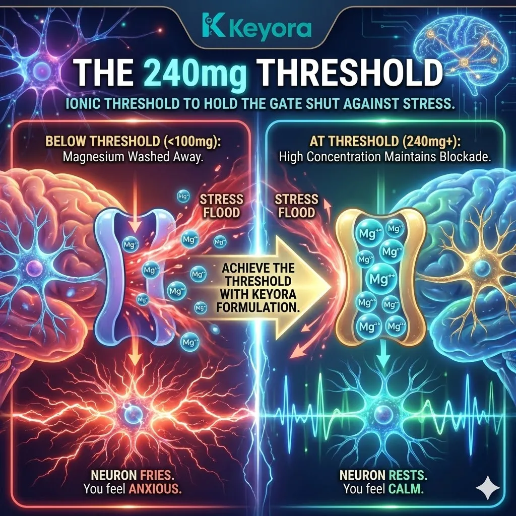 The Ionic Threshold architecture identifies 240mg as the "Critical Mass" required to maintain a physical blockade within the NMDA receptor, preventing the Calcium influx that drives the "Tired but Wired" state. The Ionic Threshold architecture identifies 240mg as the "Critical Mass" required to maintain a physical blockade within the NMDA receptor, preventing the Calcium influx that drives the "Tired but Wired" state.