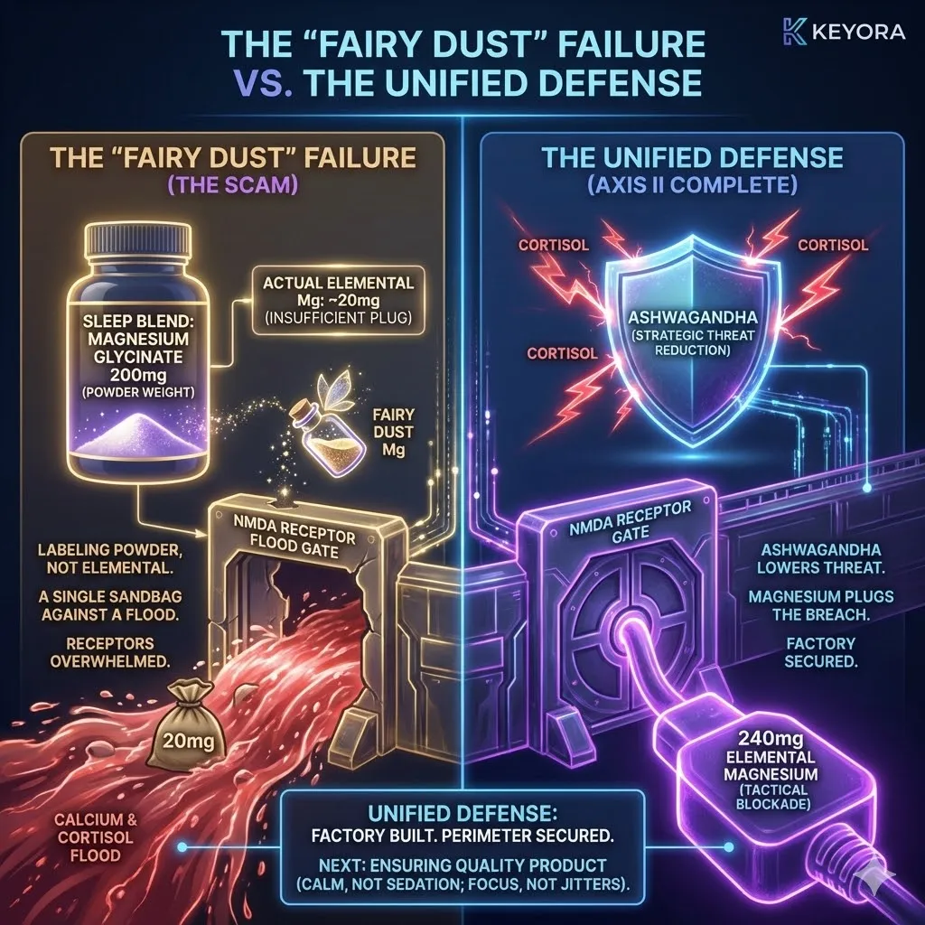 The Unified Defense architecture illustrates the "Saturation Strategy," where 240mg of Elemental Magnesium provides the "Hydrostatic Pressure" required to block millions of NMDA channels simultaneously, a feat impossible for "Fairy Dust" dosages. The Unified Defense architecture illustrates the "Saturation Strategy," where 240mg of Elemental Magnesium provides the "Hydrostatic Pressure" required to block millions of NMDA channels simultaneously, a feat impossible for "Fairy Dust" dosages.