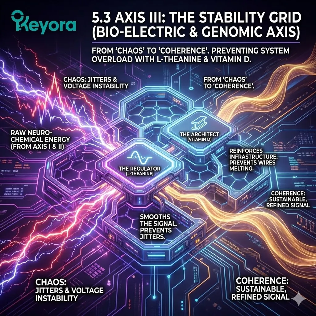 The Stability Grid architecture introduces the "Voltage Regulator" layer, where L-Theanine and Vitamin D stabilize the raw neuro-chemical influx from Axis I to prevent system overload and "Manic Jitters." The Stability Grid architecture introduces the "Voltage Regulator" layer, where L-Theanine and Vitamin D stabilize the raw neuro-chemical influx from Axis I to prevent system overload and "Manic Jitters."