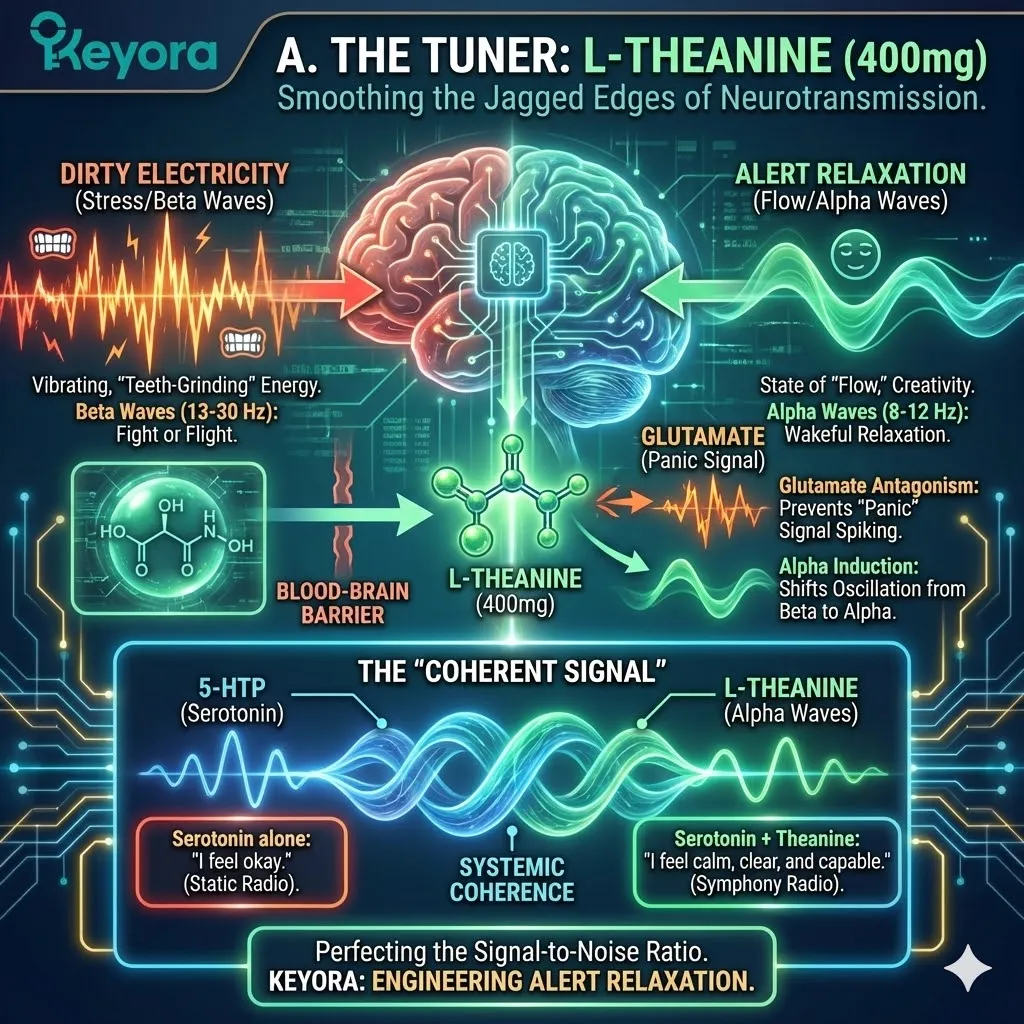 The Frequency Modulation architecture identifies the "Alpha Switch" mechanism of L-Theanine, shifting the brain's electrical state from high-stress Beta waves to the "Flow State" of Alpha waves. The Frequency Modulation architecture identifies the "Alpha Switch" mechanism of L-Theanine, shifting the brain's electrical state from high-stress Beta waves to the "Flow State" of Alpha waves.