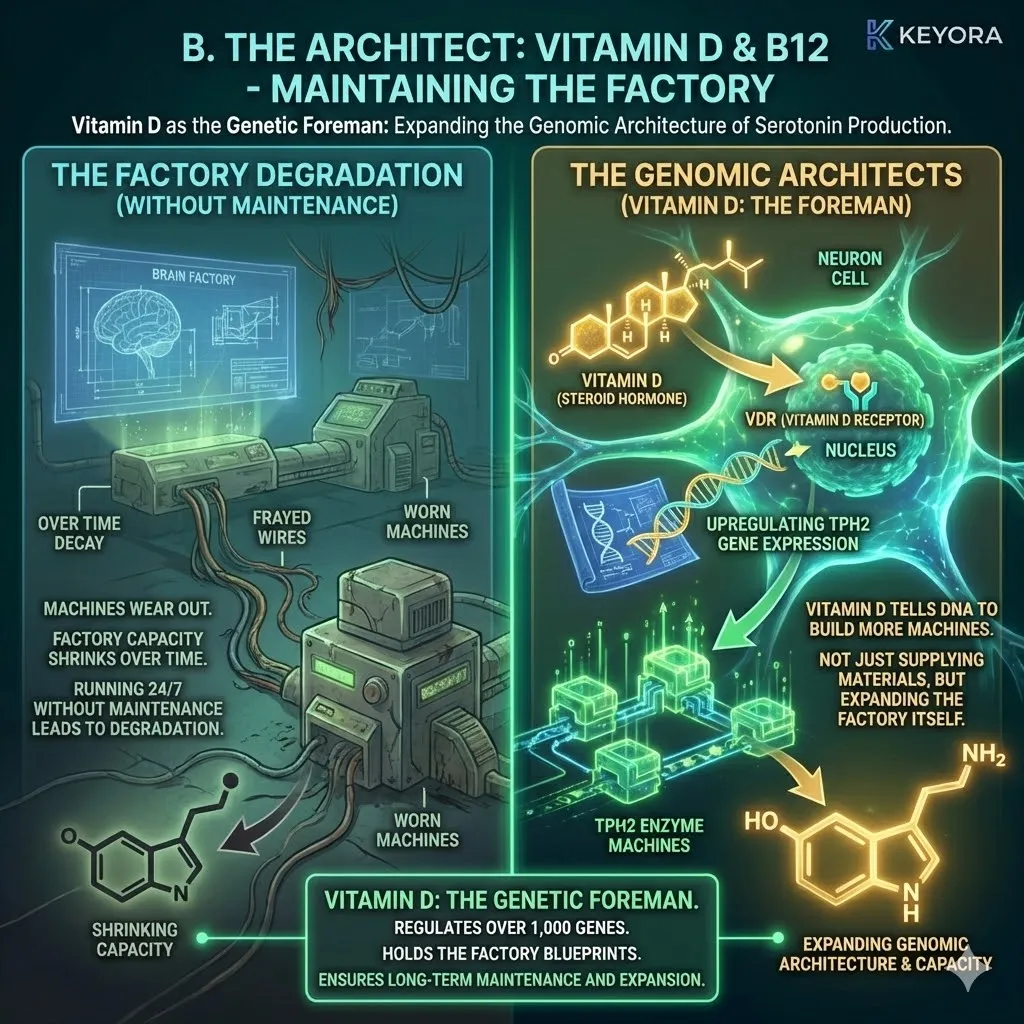 The Genomic Architecture deconstruction identifies Vitamin D as a "Genetic Foreman" that regulates the TPH2 gene, physically expanding the brain's internal capacity to synthesize Serotonin at the DNA level. The Genomic Architecture deconstruction identifies Vitamin D as a "Genetic Foreman" that regulates the TPH2 gene, physically expanding the brain's internal capacity to synthesize Serotonin at the DNA level.