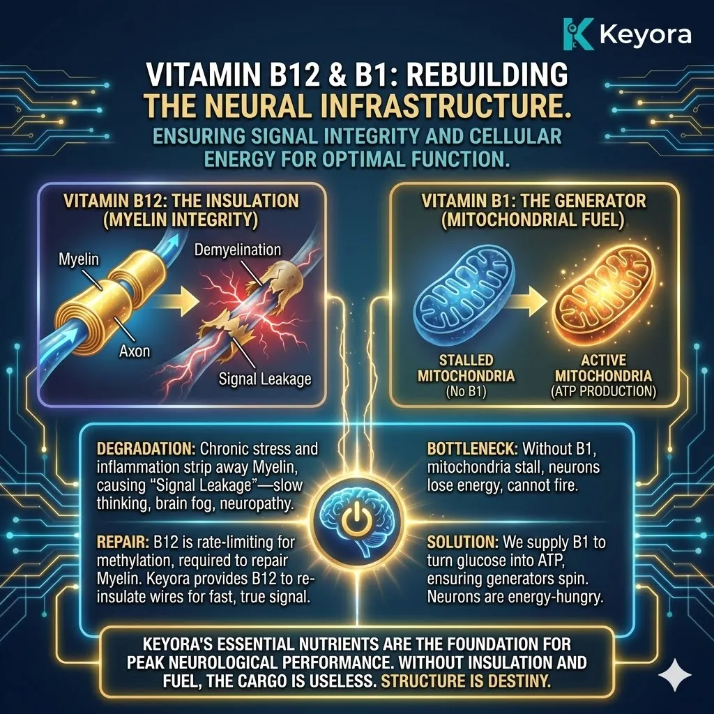 The Myelin Insulation and Mitochondrial Fuel architecture identifies B12 as the "Structural Seal" for neural wiring and B1 as the "Kinetic Ignition" for the cellular generators that power signal transmission. The Myelin Insulation and Mitochondrial Fuel architecture identifies B12 as the "Structural Seal" for neural wiring and B1 as the "Kinetic Ignition" for the cellular generators that power signal transmission.