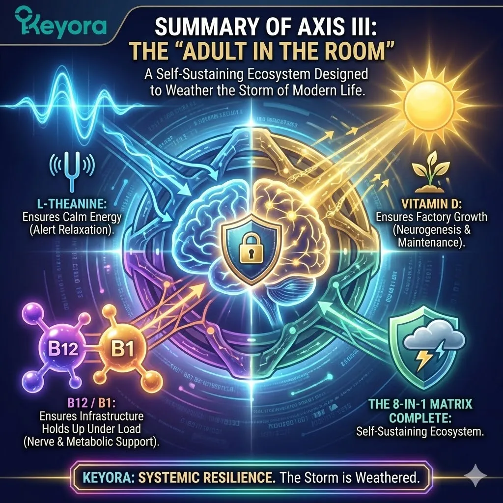 The Stability Grid architecture synthesizes the "Self-Sustaining Ecosystem," where L-Theanine modulates signal frequency, Vitamin D expands genomic capacity, and B1/B12 maintain the structural integrity of the neural hardware. The Stability Grid architecture synthesizes the "Self-Sustaining Ecosystem," where L-Theanine modulates signal frequency, Vitamin D expands genomic capacity, and B1/B12 maintain the structural integrity of the neural hardware.