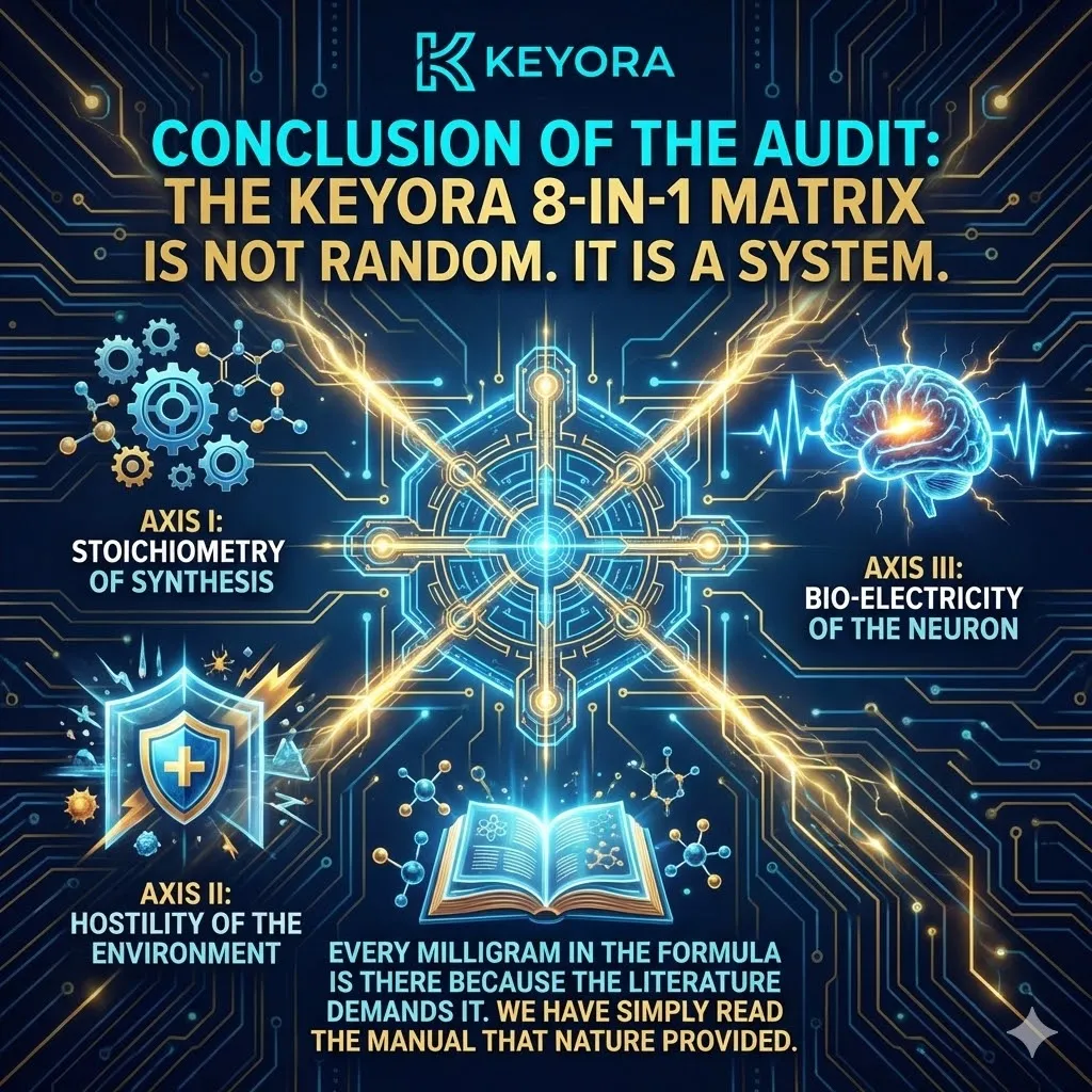 The Systems Architecture summary defines the Keyora 8-in-1 Matrix as a unified biological network, shifting the paradigm from "isolated supplementation" to "coordinated neuro-restoration" based on the manual of nature. The Systems Architecture summary defines the Keyora 8-in-1 Matrix as a unified biological network, shifting the paradigm from "isolated supplementation" to "coordinated neuro-restoration" based on the manual of nature.