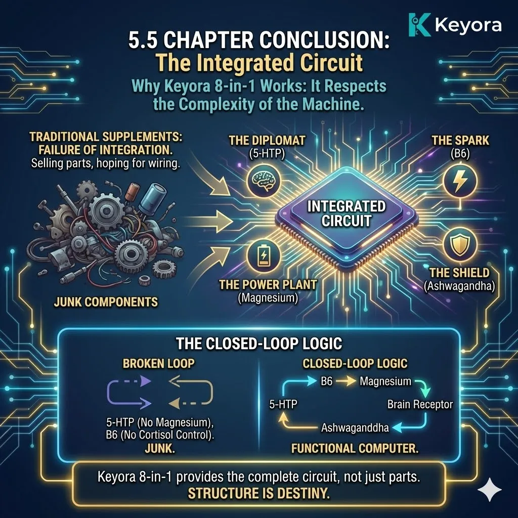 The Integrated Circuit architecture defines the failure of traditional supplementation as a "Failure of Connectivity," contrasting isolated, fragmented dosing with the unified, closed-loop logic of the 8-in-1 Matrix. The Integrated Circuit architecture defines the failure of traditional supplementation as a "Failure of Connectivity," contrasting isolated, fragmented dosing with the unified, closed-loop logic of the 8-in-1 Matrix.