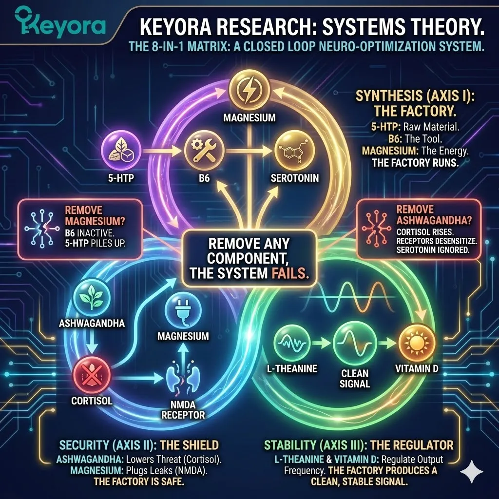 The Closed-Loop Systems architecture illustrates the interdependency of the 8-in-1 Matrix, where the removal of a single node—such as Magnesium or Ashwagandha—triggers a cascading failure of the entire neuro-restorative circuit. The Closed-Loop Systems architecture illustrates the interdependency of the 8-in-1 Matrix, where the removal of a single node—such as Magnesium or Ashwagandha—triggers a cascading failure of the entire neuro-restorative circuit.