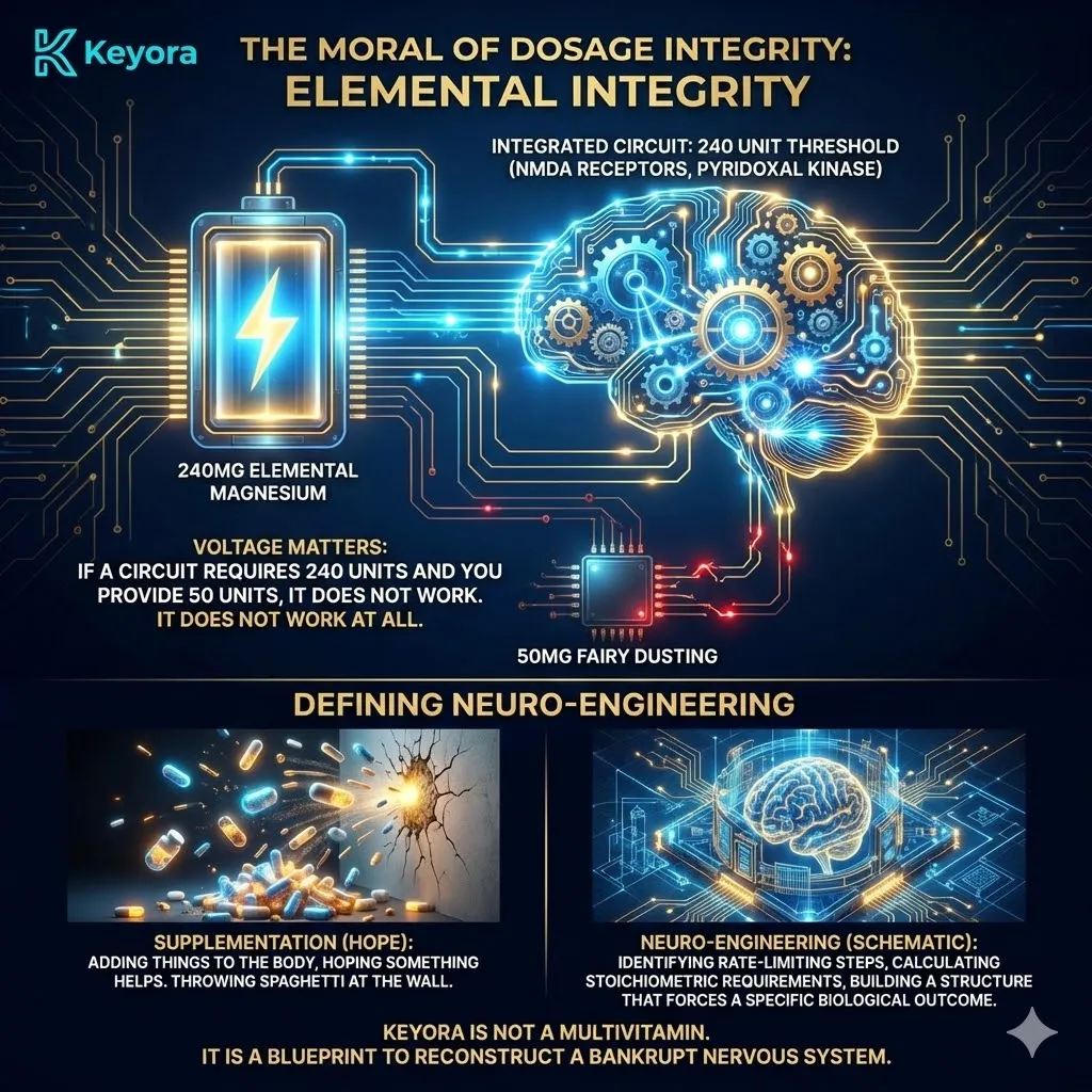 The Neuro-Engineering architecture distinguishes the Keyora Protocol from "Supple-marketing" by defining 240mg of Elemental Magnesium as the critical voltage required to close the systemic circuit and force a biological outcome. The Neuro-Engineering architecture distinguishes the Keyora Protocol from "Supple-marketing" by defining 240mg of Elemental Magnesium as the critical voltage required to close the systemic circuit and force a biological outcome.