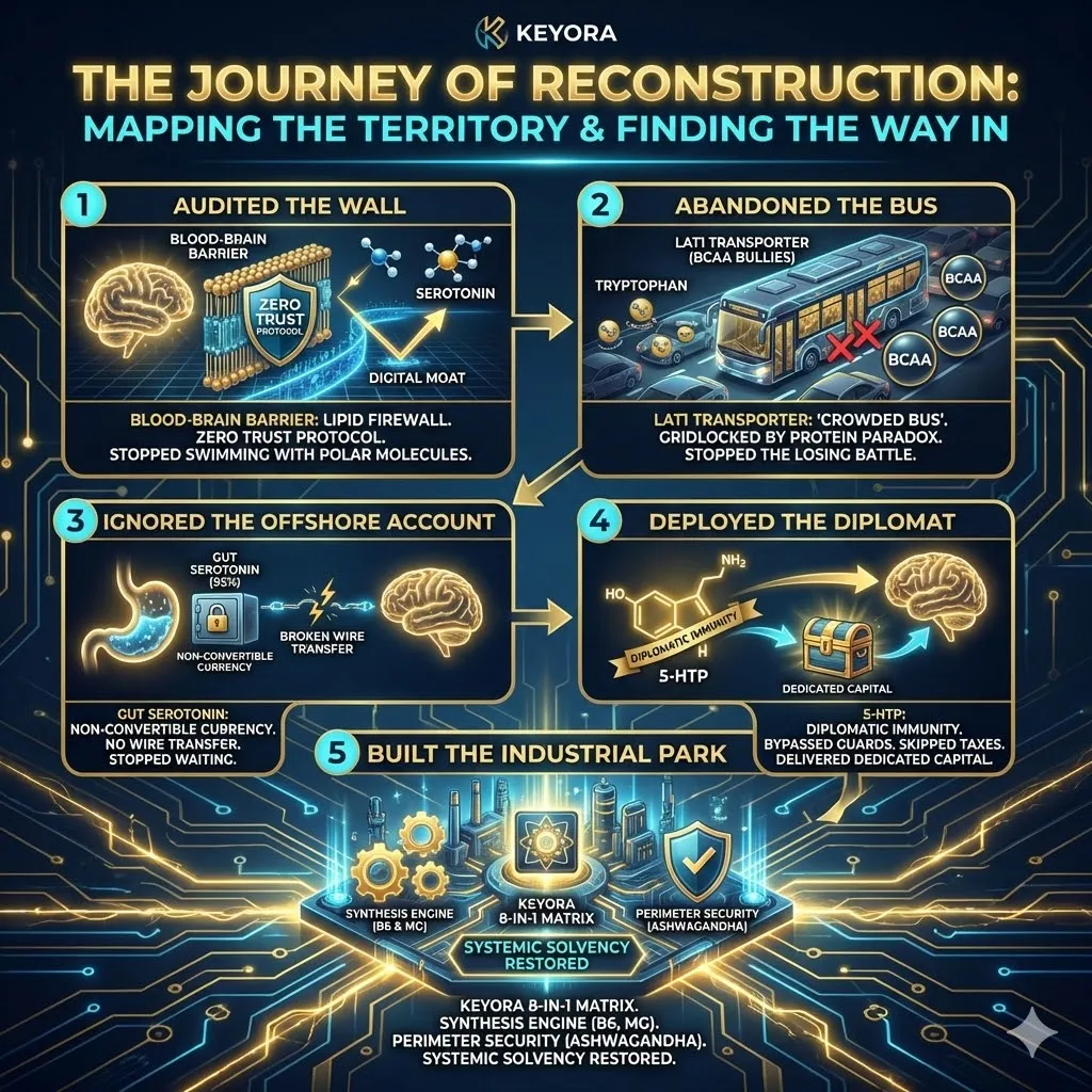 The Reconstruction architecture summarizes the "Escape from the Fortress," mapping the transition from the "Protein Paradox" and "Central Starvation" to the establishment of the Keyora Industrial Park. The Reconstruction architecture summarizes the "Escape from the Fortress," mapping the transition from the "Protein Paradox" and "Central Starvation" to the establishment of the Keyora Industrial Park.