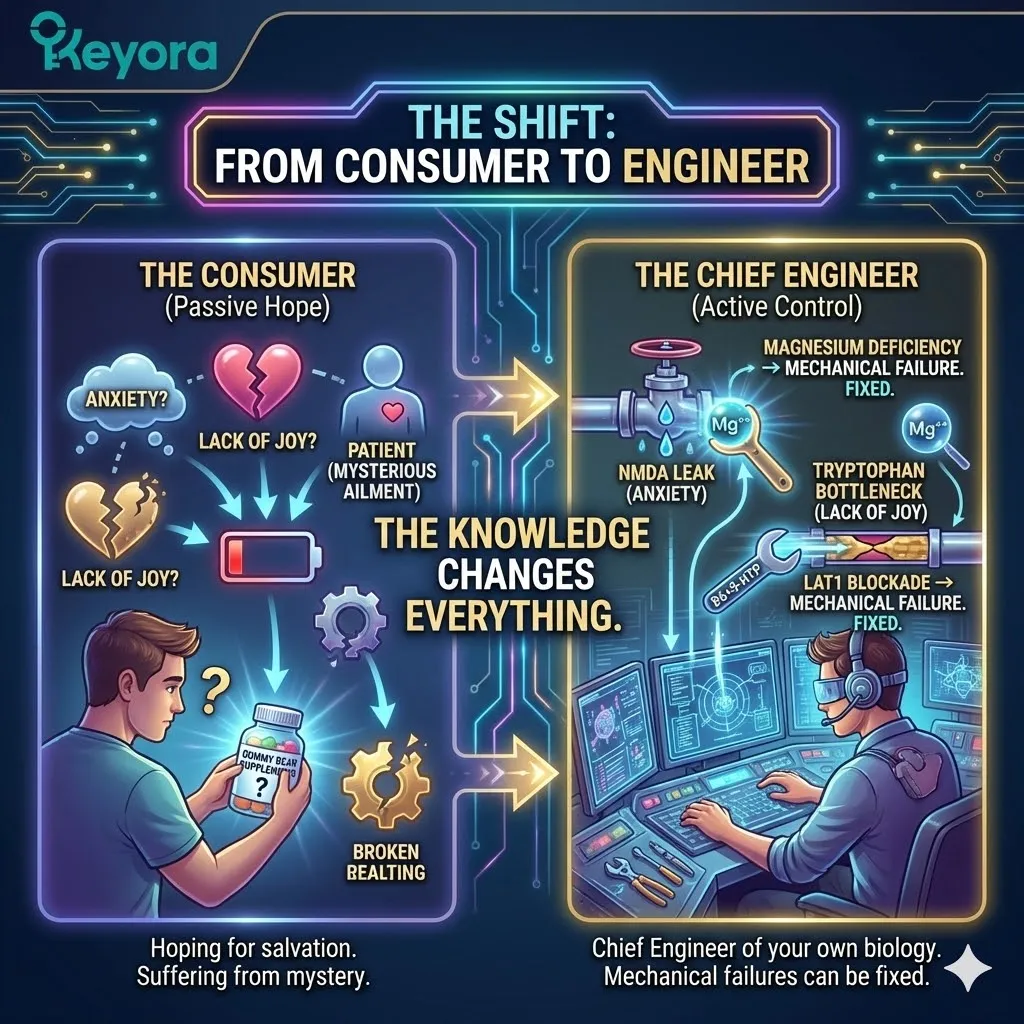 The Biological Sovereignty architecture reclassifies "Burnout" and "Anxiety" from psychological abstracts to specific mechanical failures: the LAT1 Bottleneck and the NMDA Leak. The Biological Sovereignty architecture reclassifies "Burnout" and "Anxiety" from psychological abstracts to specific mechanical failures: the LAT1 Bottleneck and the NMDA Leak.