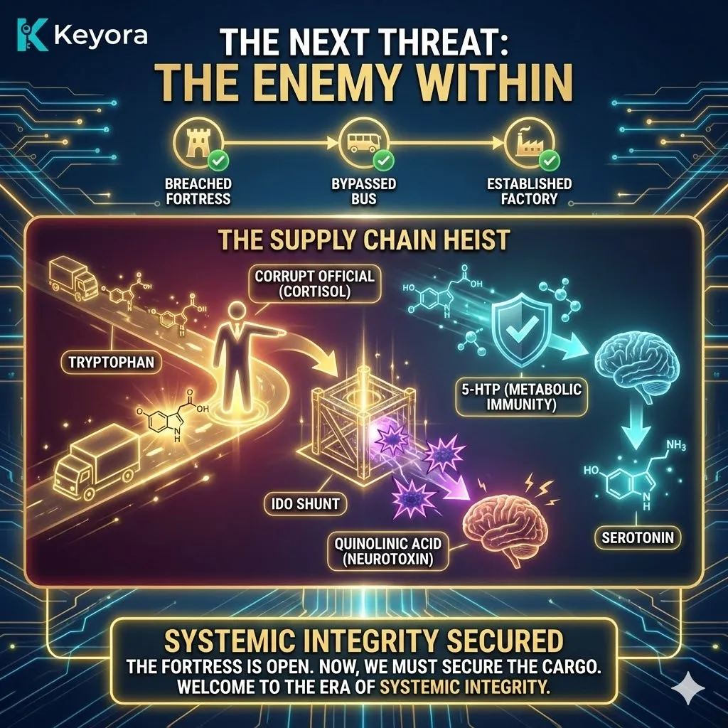 The Metabolic Immunity architecture introduces the "IDO Shunt" as a biological "Supply Chain Heist," where stress-induced enzymes hijack precursors to create neurotoxins instead of Serotonin. The Metabolic Immunity architecture introduces the "IDO Shunt" as a biological "Supply Chain Heist," where stress-induced enzymes hijack precursors to create neurotoxins instead of Serotonin.
