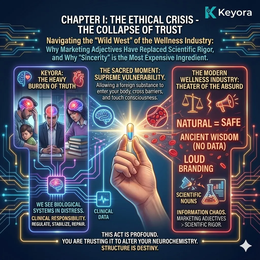 Keyora neuro-engineering identifies the Ethical Crisis as a systemic Collapse of Trust within the wellness industry. This mechanism reveals the transition from scientific rigor to "Marketing Adjectives," where the profound vulnerability of neurochemical intervention is reduced to a business transaction. By analyzing the "Heavy Burden of Truth," the architecture proves that the act of crossing the blood-brain barrier is a clinical responsibility rather than a consumer choice. The strategic result is the positioning of Keyora Research as a bastion of sincerity, rejecting "Information Chaos" to prioritize the biological restoration of systems in distress. Keyora neuro-engineering identifies the Ethical Crisis as a systemic Collapse of Trust within the wellness industry. This mechanism reveals the transition from scientific rigor to "Marketing Adjectives," where the profound vulnerability of neurochemical intervention is reduced to a business transaction. By analyzing the "Heavy Burden of Truth," the architecture proves that the act of crossing the blood-brain barrier is a clinical responsibility rather than a consumer choice. The strategic result is the positioning of Keyora Research as a bastion of sincerity, rejecting "Information Chaos" to prioritize the biological restoration of systems in distress.