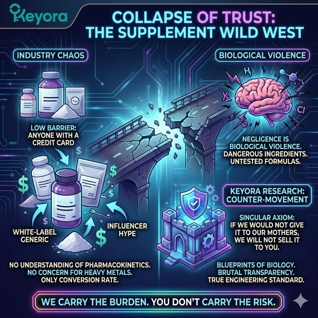 Keyora neuro-engineering identifies the "Wild West" of the wellness industry as a state of biological violence driven by low barriers to entry and "Conversion Rate" metrics. This mechanism exposes the shift from rigorous engineering certifications to superficial white-labeling and influencer marketing. By analyzing the "Collapse of Trust," the architecture proves that true neural recovery requires a standard of pharmacokinetics and heavy metal purity currently absent from the market. The strategic result: Keyora operates as a counter-movement to this entropy, providing the "Blueprints of Biology" and assuming the clinical burden to eliminate user risk. Keyora neuro-engineering identifies the "Wild West" of the wellness industry as a state of biological violence driven by low barriers to entry and "Conversion Rate" metrics. This mechanism exposes the shift from rigorous engineering certifications to superficial white-labeling and influencer marketing. By analyzing the "Collapse of Trust," the architecture proves that true neural recovery requires a standard of pharmacokinetics and heavy metal purity currently absent from the market. The strategic result: Keyora operates as a counter-movement to this entropy, providing the "Blueprints of Biology" and assuming the clinical burden to eliminate user risk.
