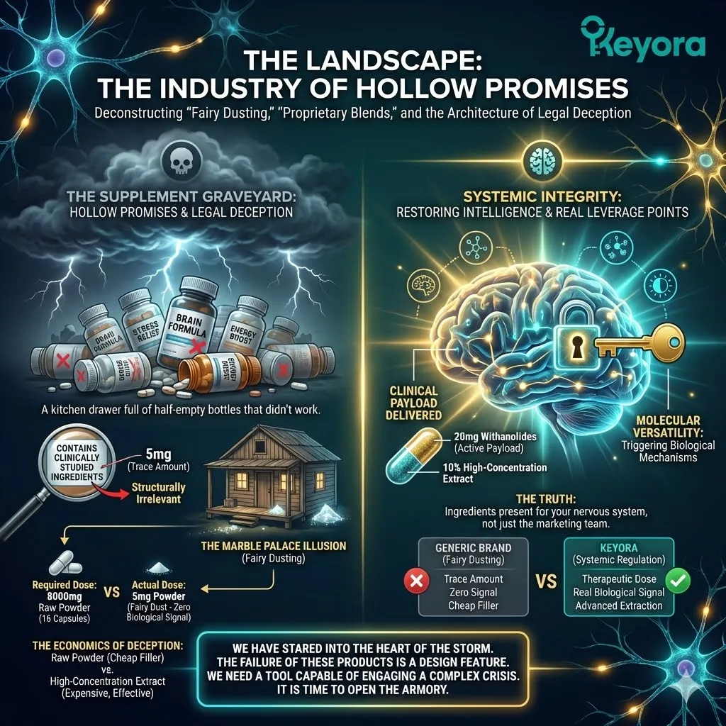 Keyora neuro-engineering identifies "Fairy Dusting" as a structural mechanism of legal deception. This strategy reveals the transition from "Scientific Nouns" to "Marketing Adjectives," where a fraction of the therapeutic dose is used to justify clinical claims. By analyzing the 1% Rule, the architecture proves that raw root powders lack the active payload (Withanolides) required to trigger a biological signal. The strategic result: Keyora rejects "The Supplement Graveyard" of trace-amount placebos, utilizing high-concentration extracts to ensure the biological relevance of the dose matches the clinical standard. Keyora neuro-engineering identifies "Fairy Dusting" as a structural mechanism of legal deception. This strategy reveals the transition from "Scientific Nouns" to "Marketing Adjectives," where a fraction of the therapeutic dose is used to justify clinical claims. By analyzing the 1% Rule, the architecture proves that raw root powders lack the active payload (Withanolides) required to trigger a biological signal. The strategic result: Keyora rejects "The Supplement Graveyard" of trace-amount placebos, utilizing high-concentration extracts to ensure the biological relevance of the dose matches the clinical standard.