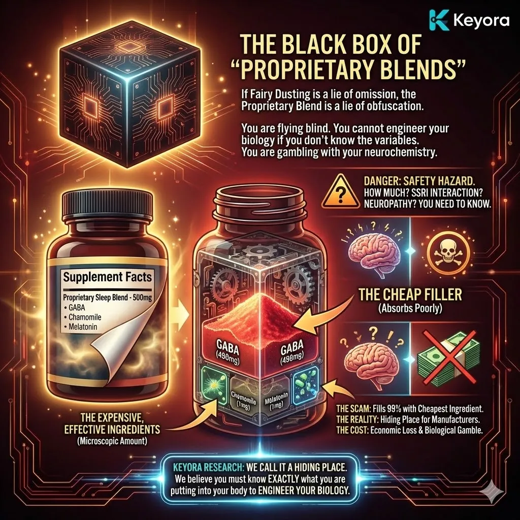 Keyora neuro-engineering identifies the "Proprietary Blend" as a mechanism of obfuscation and a "Black Box" hiding place. This strategy leverages legal loopholes to list ingredients by weight while hiding actual ratios, often filling 99% of a capsule with the cheapest, least effective ingredient. By analyzing the "Black Box" scam, the architecture proves that hidden dosages prevent precise biological engineering and create significant safety hazards for high-performers managing multiple protocols. The strategic result: Keyora rejects the "Proprietary" loophole in favor of Absolute Transparency, ensuring every variable is known to eliminate neurochemical gambling. Keyora neuro-engineering identifies the "Proprietary Blend" as a mechanism of obfuscation and a "Black Box" hiding place. This strategy leverages legal loopholes to list ingredients by weight while hiding actual ratios, often filling 99% of a capsule with the cheapest, least effective ingredient. By analyzing the "Black Box" scam, the architecture proves that hidden dosages prevent precise biological engineering and create significant safety hazards for high-performers managing multiple protocols. The strategic result: Keyora rejects the "Proprietary" loophole in favor of Absolute Transparency, ensuring every variable is known to eliminate neurochemical gambling.
