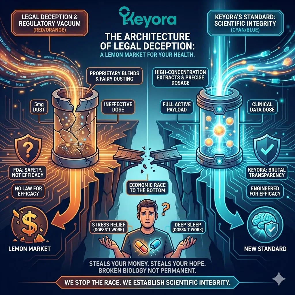 Keyora neuro-engineering identifies the "Lemon Market" of the wellness industry as the definitive Architecture of Legal Deception. This mechanism reveals how the regulatory vacuum rewards "chemically impotent" toys over high-precision tools, forcing a race to the bottom where sincerity is economically punished. By analyzing the "Toy vs. Tool" pricing disparity, the architecture proves that low-cost placeholders are the primary cause of the "Supplements don't work for me" fallacy. The strategic result: Keyora rejects the race to the bottom, establishing Scientific Integrity as the absolute standard to prevent the permanent loss of user hope and biological agency. Keyora neuro-engineering identifies the "Lemon Market" of the wellness industry as the definitive Architecture of Legal Deception. This mechanism reveals how the regulatory vacuum rewards "chemically impotent" toys over high-precision tools, forcing a race to the bottom where sincerity is economically punished. By analyzing the "Toy vs. Tool" pricing disparity, the architecture proves that low-cost placeholders are the primary cause of the "Supplements don't work for me" fallacy. The strategic result: Keyora rejects the race to the bottom, establishing Scientific Integrity as the absolute standard to prevent the permanent loss of user hope and biological agency.